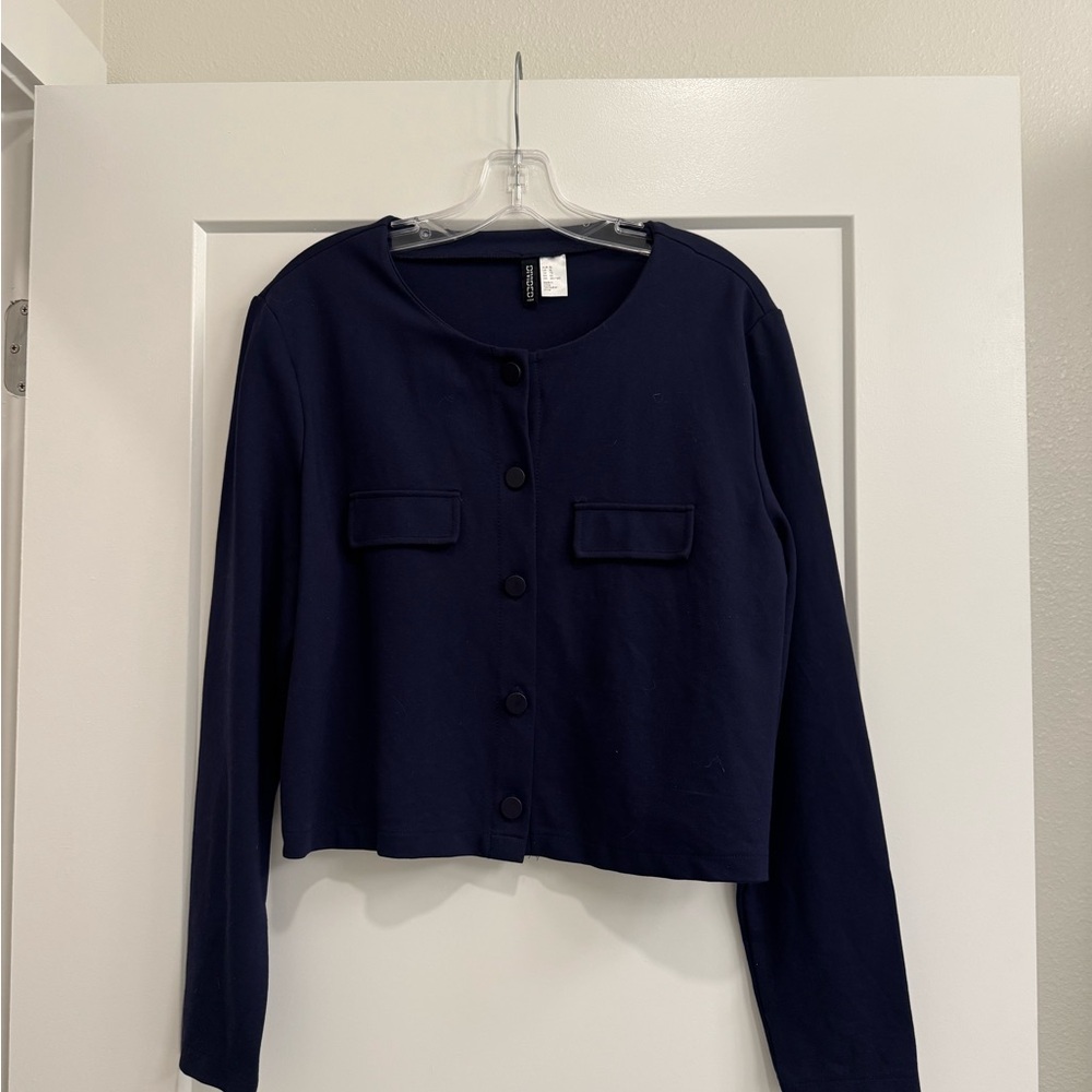 H&M Dark Navy Button-Front Cropped Cardigan
